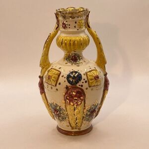 Pompeyi Bejeweled Signed Majolica Ceramic Vase Double Handle Gold Embossed